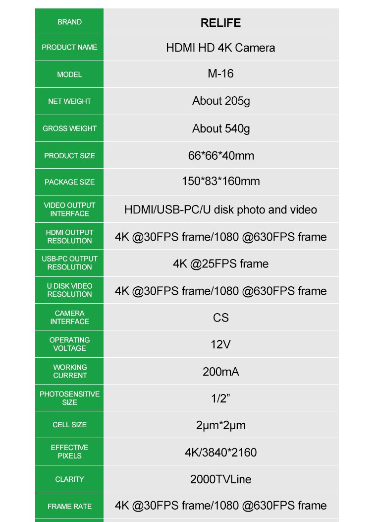 Microscope Electronic Camera HDMI HD 4K Industrial Grade Camera/30fps HD Sony Chip Support Photo/video/Udisk Storage RELIFE M-16