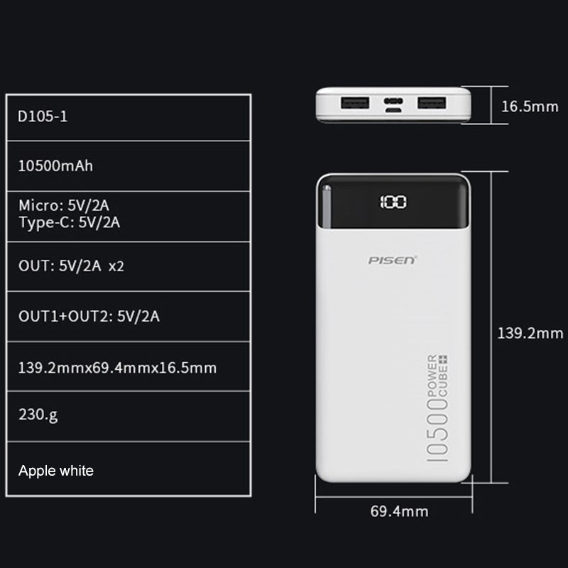 Power bank 10000mah LED Display White