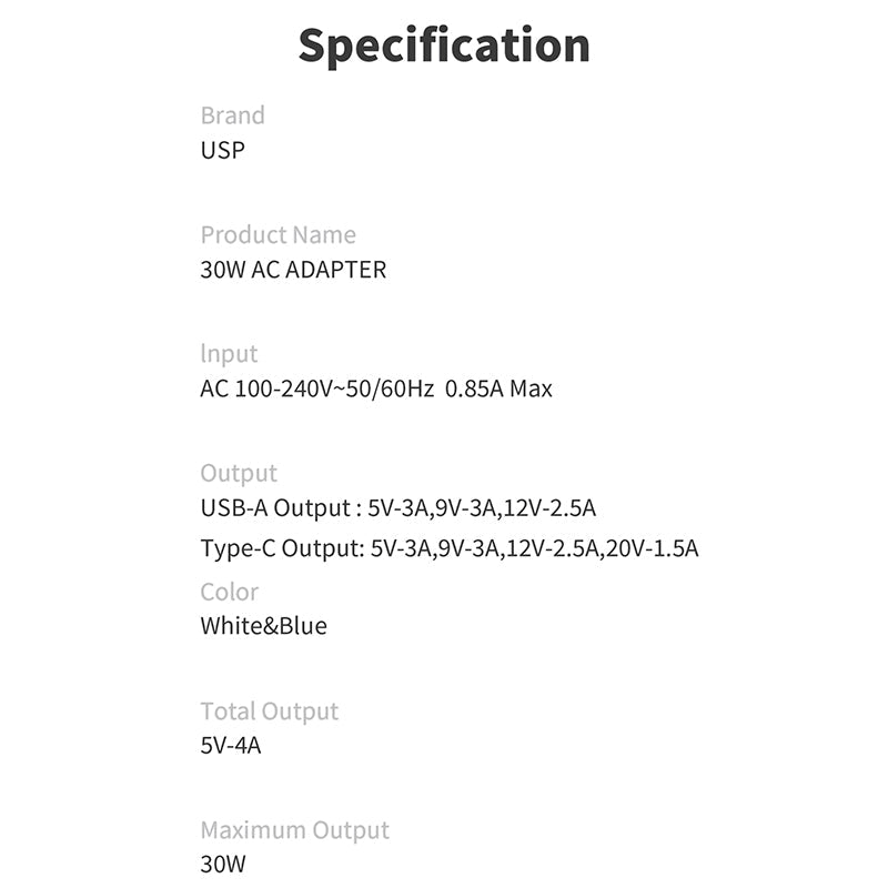 30W USB A + TYPE C PD Fast Wall Charger with 2M USB-C to USB-C White Cable USP