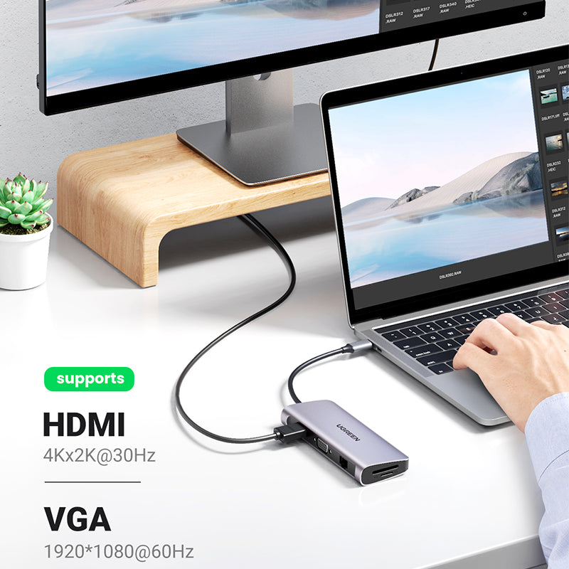 USB-C To 3*USB 3.0 A+HDMI+VGA+RJ45 Gigabit+SD/TF+AUX3.5mm+PD Converter Ugreen