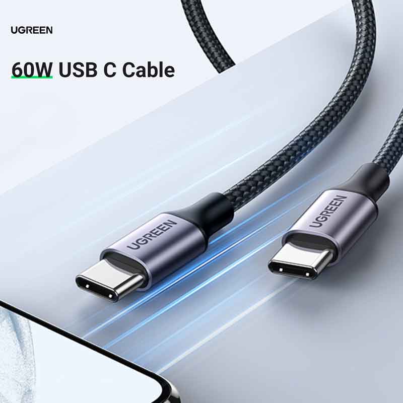 1M 60W USB-C  To USB-C  3A Data Cable Aluminum Nylon Braid Grey+ Black Ugreen