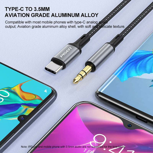 1m Type-C to 3.5mm Aluminum Alloy Braided AUX Audio Cable PISEN LH-YP02-1000