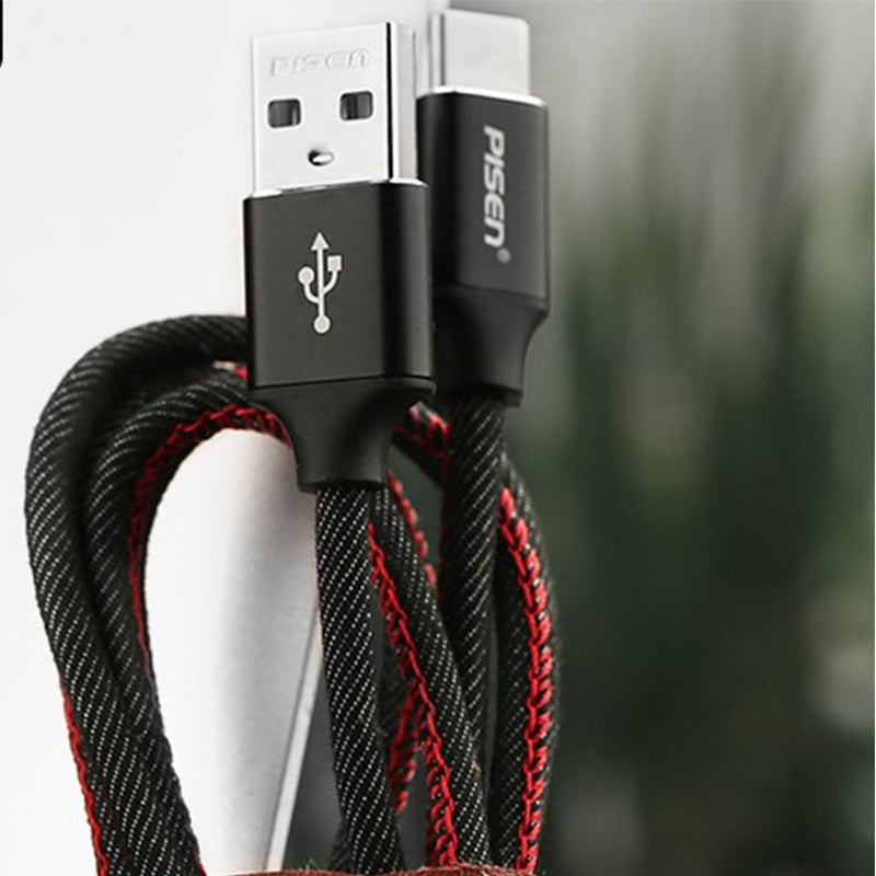 1.2M USB A for Type-C Denim aluminum alloy data charging cable(black) TC23  PISEN