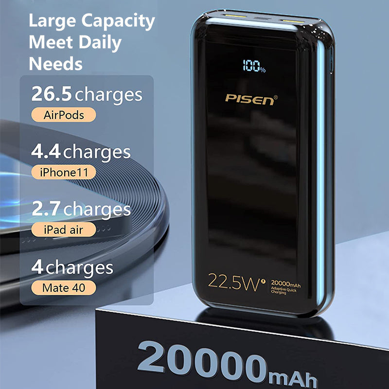 PD QC 3.0 Fast Charging Power Bank 22.5W 20000mah with LED Display  Tri-Outputs &6902957121842 Dual Inports BL-D98LS PISEN