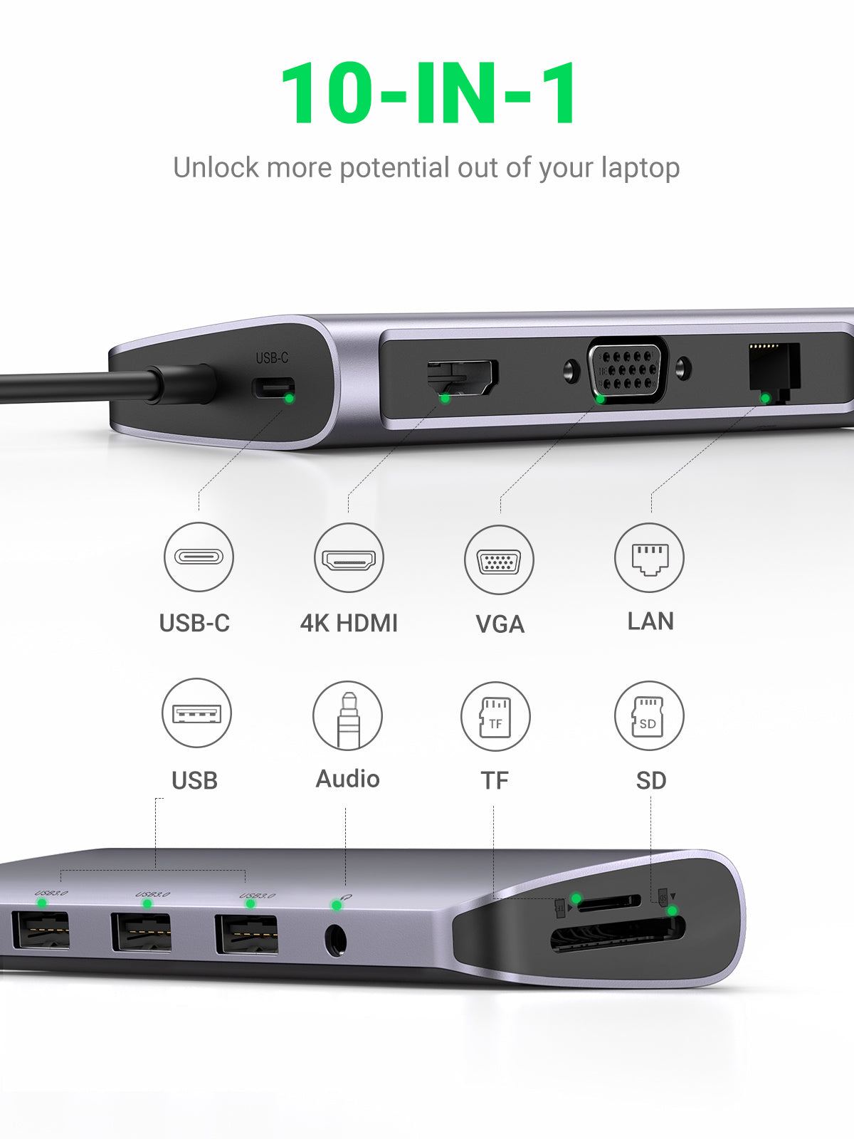 USB-C To 3*USB 3.0 A+HDMI+VGA+RJ45 Gigabit+SD/TF+AUX3.5mm+PD Converter Ugreen