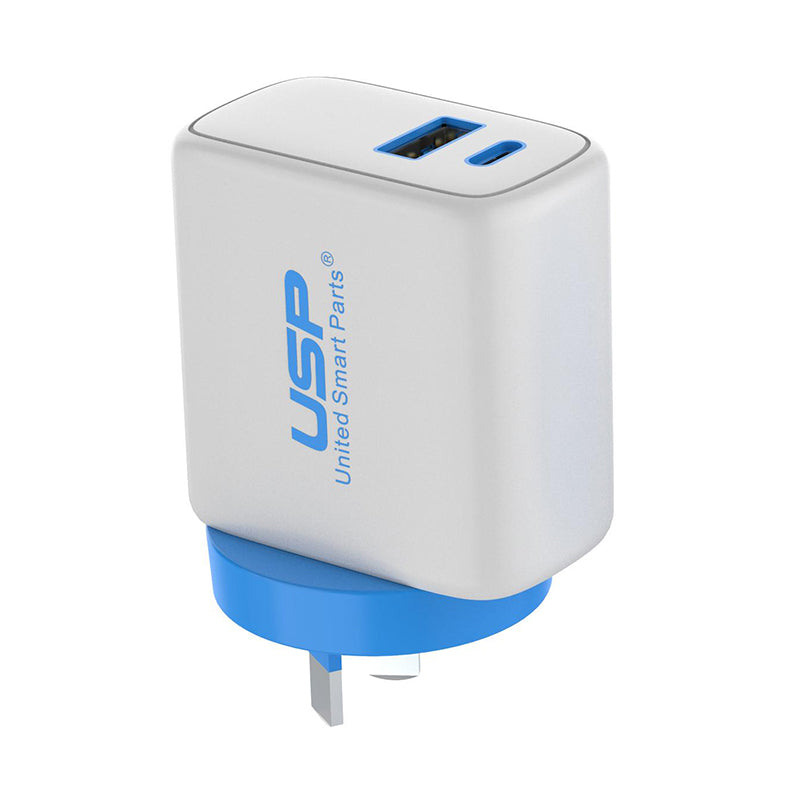 30W USB A + TYPE C PD Fast Wall Charger with 2M USB-C to USB-C White Cable USP