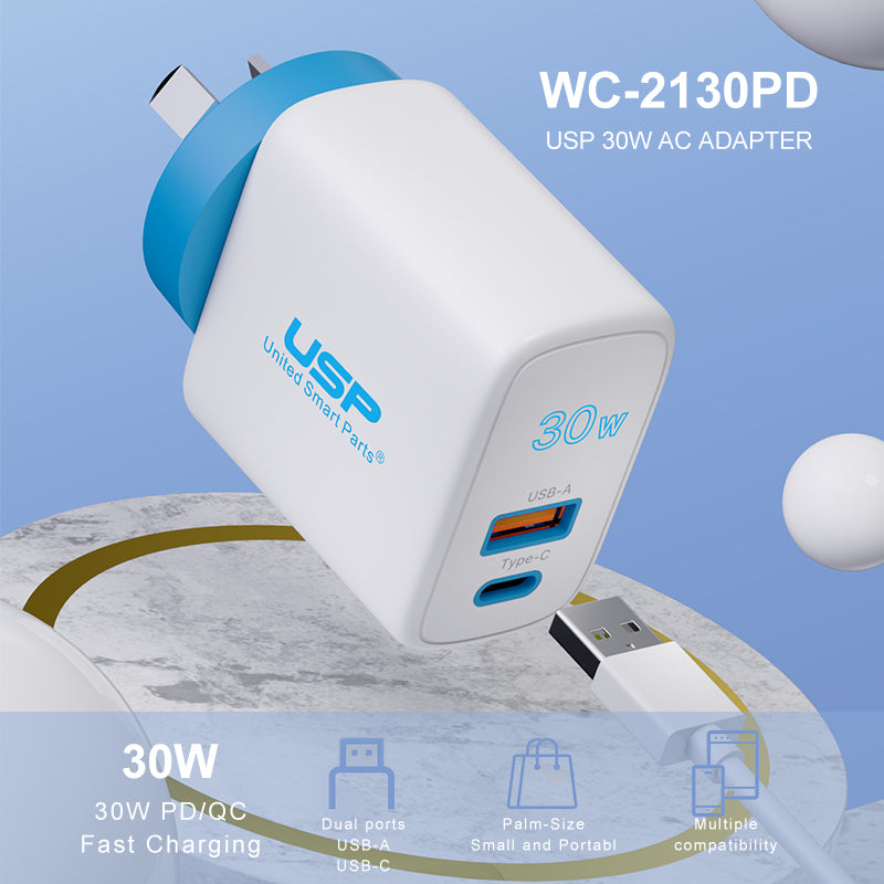 30W USB A + TYPE C PD Fast Wall Charger with 2M USB-C to USB-C White Cable USP