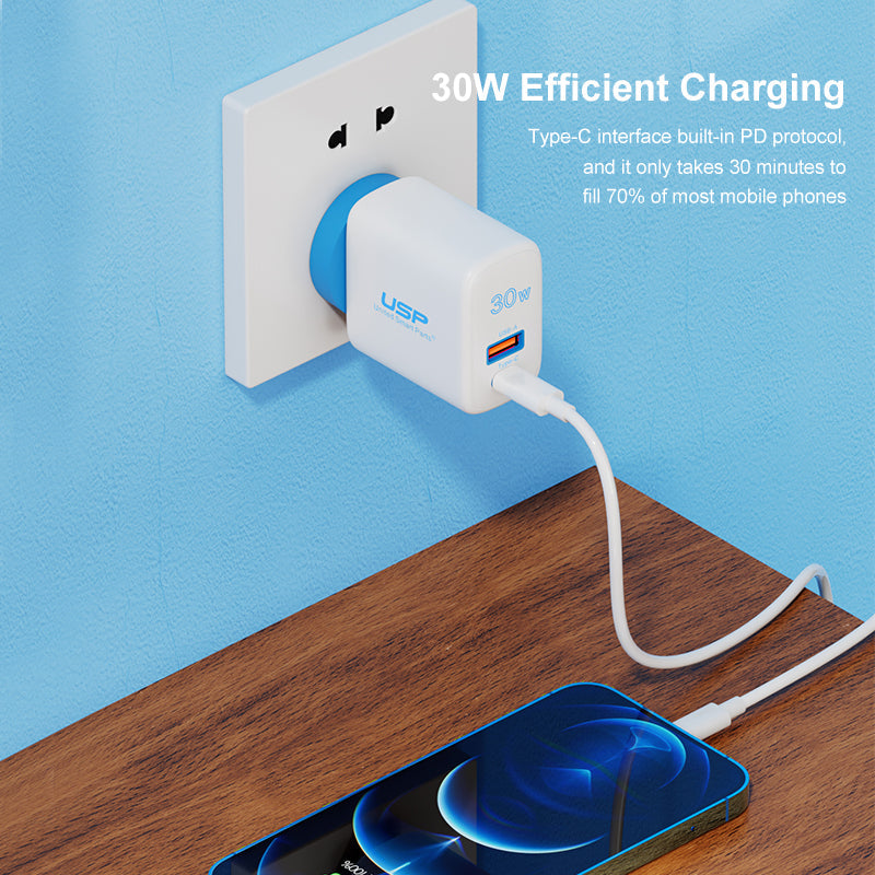 30W USB A + TYPE C PD Fast Wall Charger with 2M USB-C to USB-C White Cable USP