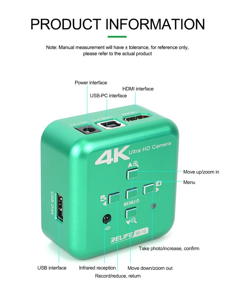 Microscope Electronic Camera HDMI HD 4K Industrial Grade Camera/30fps HD Sony Chip Support Photo/video/Udisk Storage RELIFE M-16