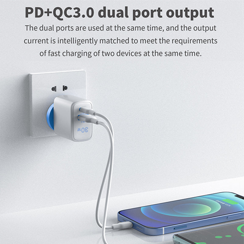 30W USB A + TYPE C PD Fast Wall Charger with 2M USB-C to USB-C White Cable USP