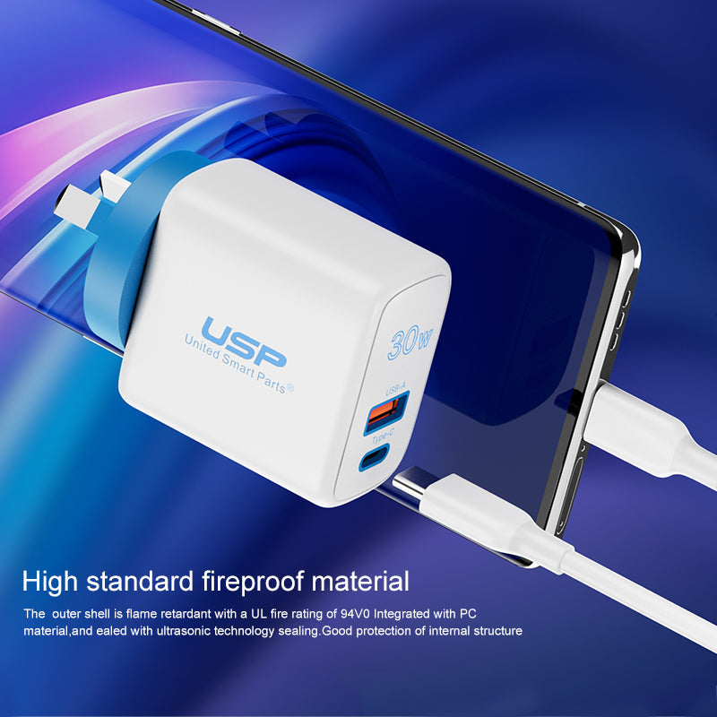 30W USB A + TYPE C PD Fast Wall Charger with 2M USB-C to USB-C White Cable USP