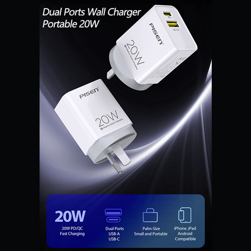 20W USB A + TYPE C Fast Wall Charger  (With  Lightning  Cable 1m) PISEN