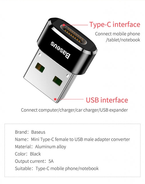 Baseus USB Male To Type-C Female Adapter Converter Black